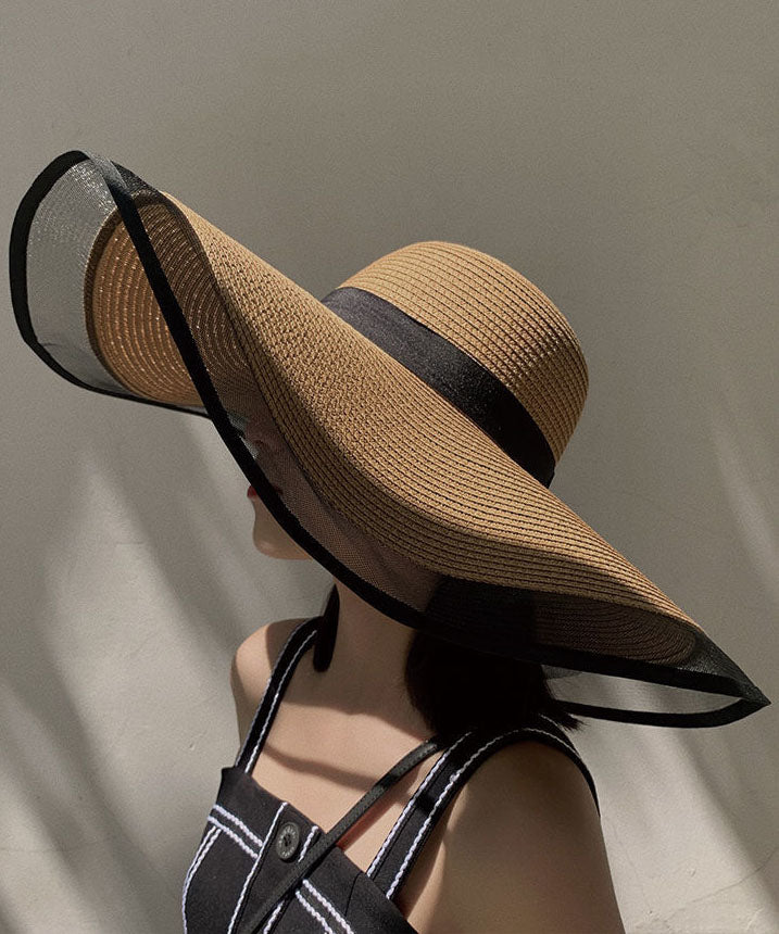 Modern Khaki Floppy Sun Hat Patchwork Organza