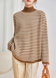 Modern Khaki High Neck Striped Knit Pullover Winter