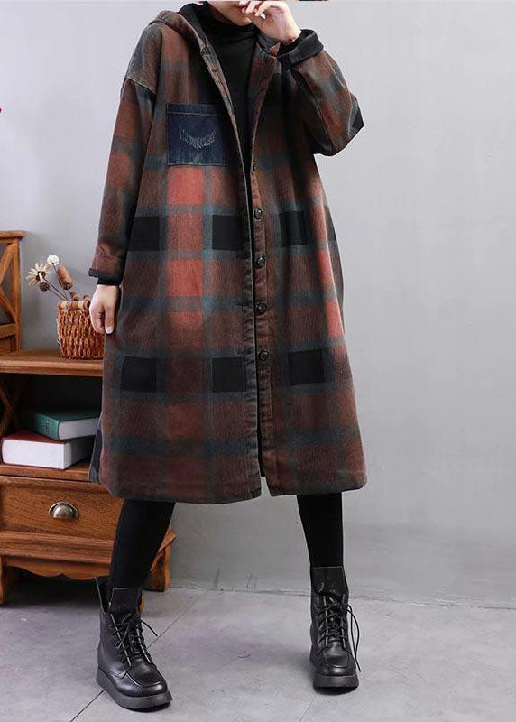 Modern Khaki Hooded Plaid Fine Cotton Filled Trench Winter