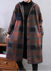 Modern Khaki Hooded Plaid Fine Cotton Filled Trench Winter