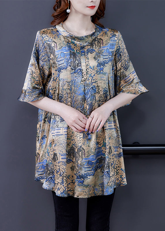 Modern Khaki O-Neck Oversized Print Silk Top Flare Sleeve