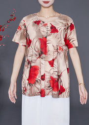 Modern Khaki Oversized Floral Button Silk Shirt Top Summer