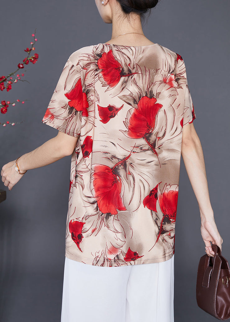 Modern Khaki Oversized Floral Button Silk Shirt Top Summer