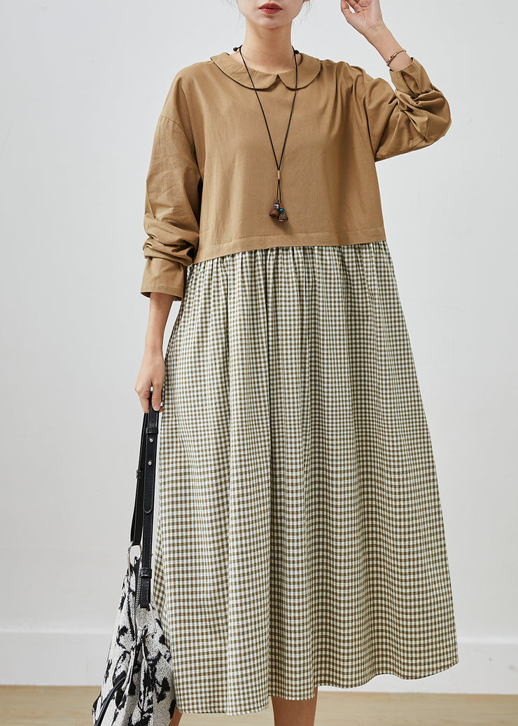 Modern Khaki Oversized Patchwork Plaid Cotton Maxi Dresses Spring