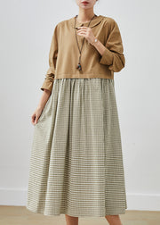 Modern Khaki Oversized Patchwork Plaid Cotton Maxi Dresses Spring