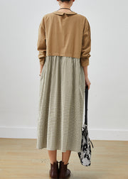 Modern Khaki Oversized Patchwork Plaid Cotton Maxi Dresses Spring