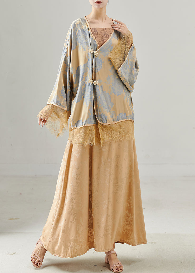 Modern Khaki Oversized Patchwork Silk Two Pieces Set Spring