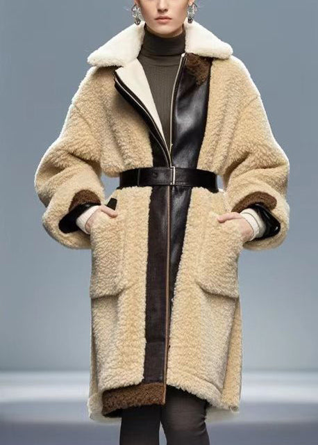 Modern Khaki Oversized Patchwork Tie Waist Fleece Wool Coats Winter