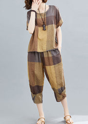 Modern Khaki Oversized Plaid Cotton Two Pieces Set Summer