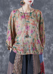 Modern Khaki Oversized Print Linen Blouse Top Batwing Sleeve