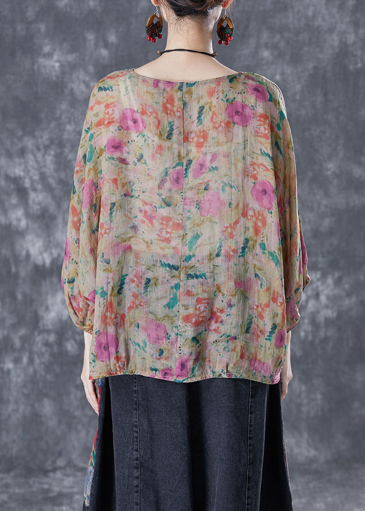 Modern Khaki Oversized Print Linen Blouse Top Batwing Sleeve