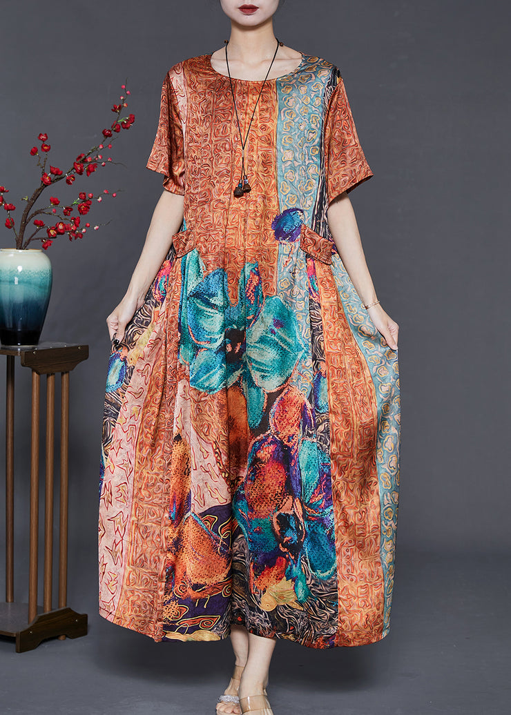 Modern Khaki Oversized Print Silk Maxi Dresses Summer