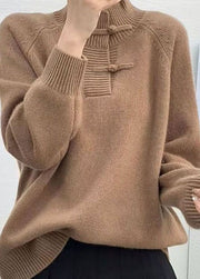 Modern Khaki Patchwork Chinese Button Knit Sweater Tops Winter