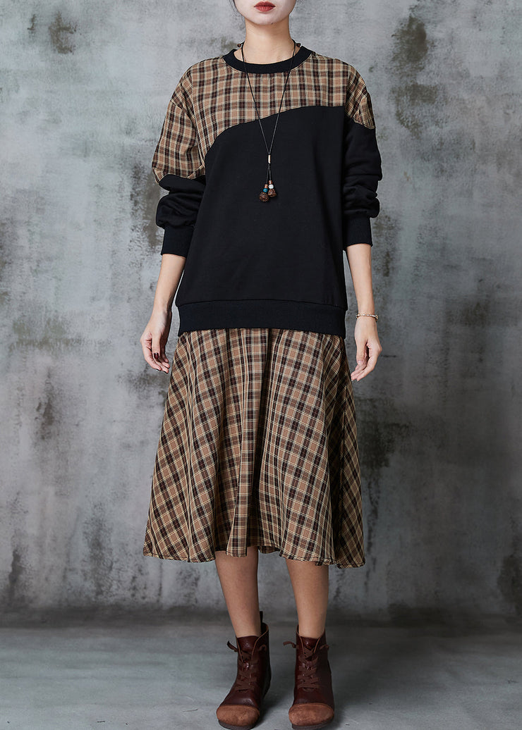 Modern Khaki Plaid Patchwork Cotton Loose Sweatshirts Dress Spring