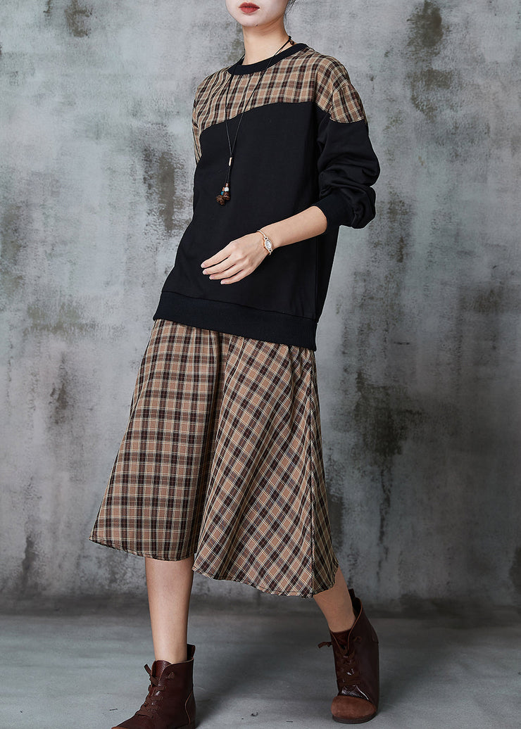 Modern Khaki Plaid Patchwork Cotton Loose Sweatshirts Dress Spring