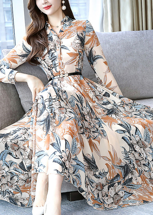 Modern Khaki Print Tie Waist Chiffon Dresses Spring