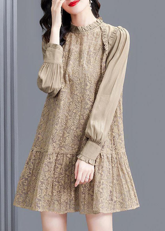 Modern Khaki Stand Collar Patchwork Wrinkled Lace Dress Spring