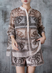 Modern Khaki Stand Collar Print Chiffon Two Piece Set Outfits Summer