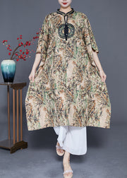 Modern Khaki Stand Collar Print Silk Dresses Batwing Sleeve