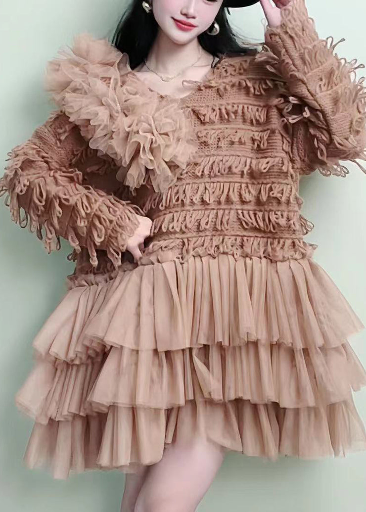 Modern Khaki Tasseled Patchwork Knit Dress Spring