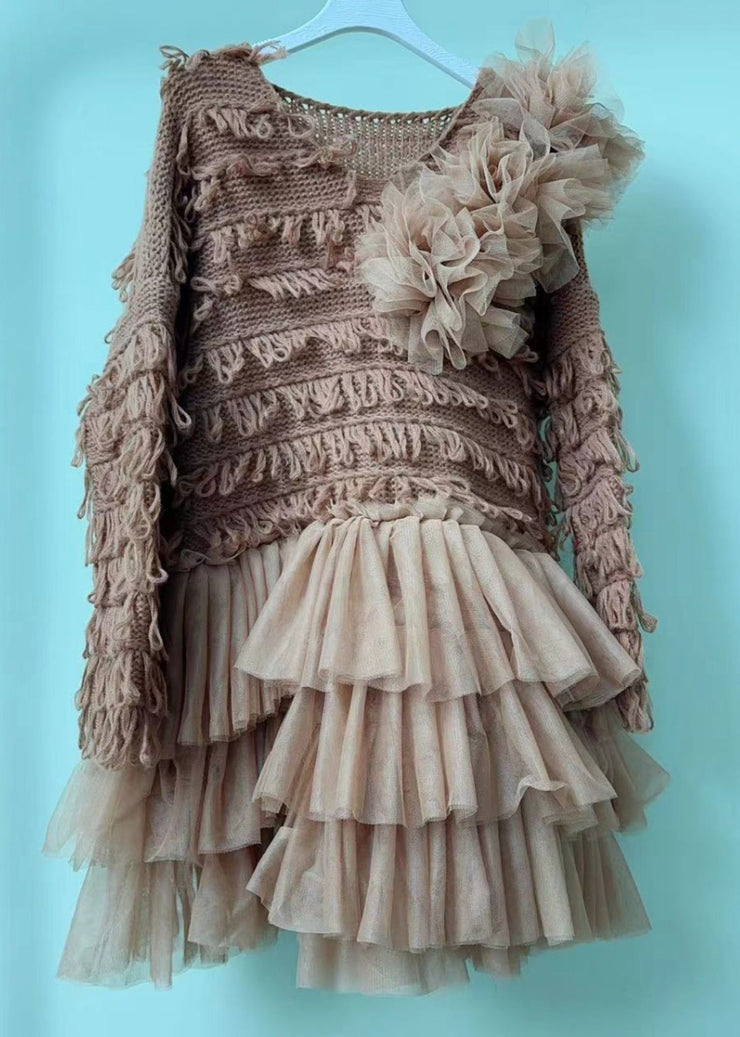Modern Khaki Tasseled Patchwork Knit Dress Spring