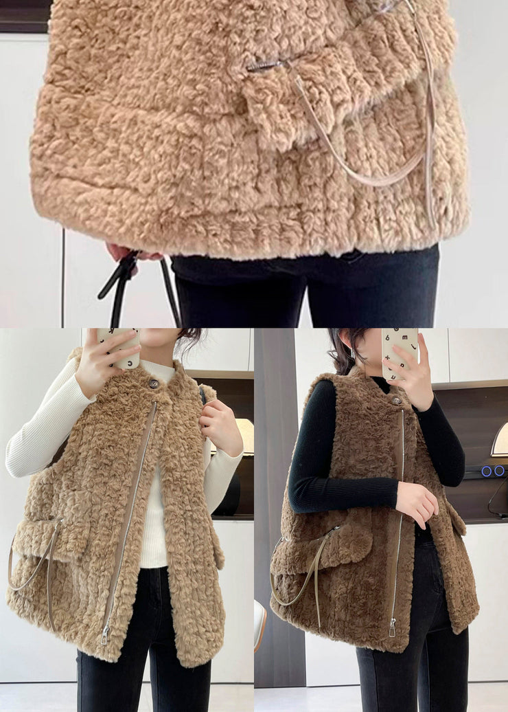 Modern Khaki Zip Up Warm Faux Fur Vests Winter