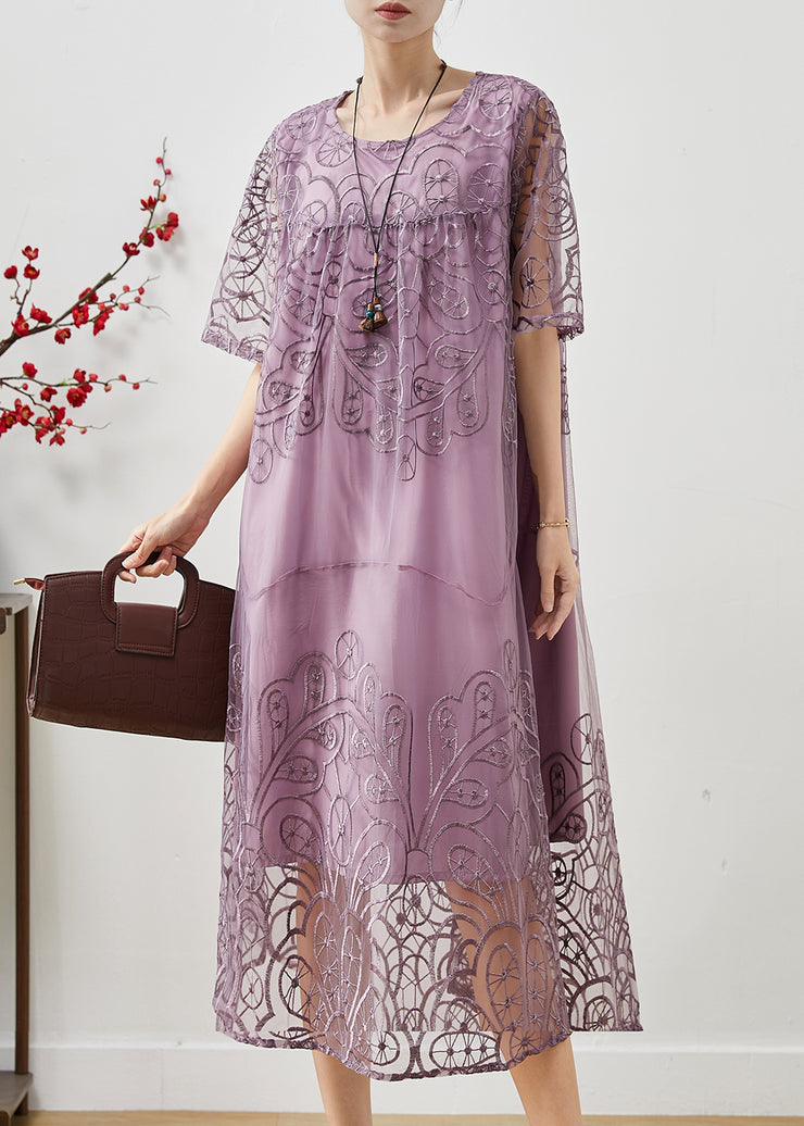 Modern Lavender Embroidered Tulle Maxi Dresses Summer