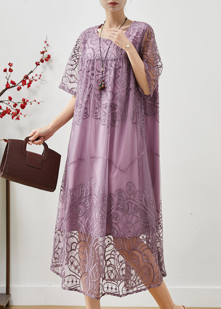 Modern Lavender Embroidered Tulle Maxi Dresses Summer