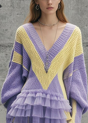 Modern Lavender V Neck Patchwork Tulle Long Sweater Fall