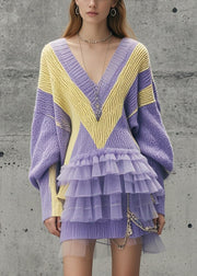 Modern Lavender V Neck Patchwork Tulle Long Sweater Fall