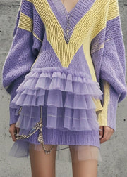 Modern Lavender V Neck Patchwork Tulle Long Sweater Fall