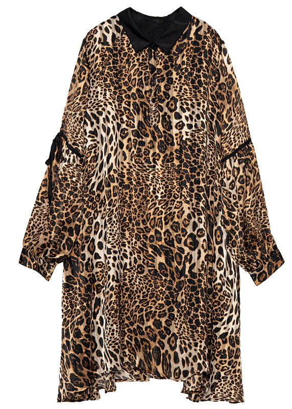 Modern Leopard Print Oversized Chiffon Shirt Dresses Long Sleeve