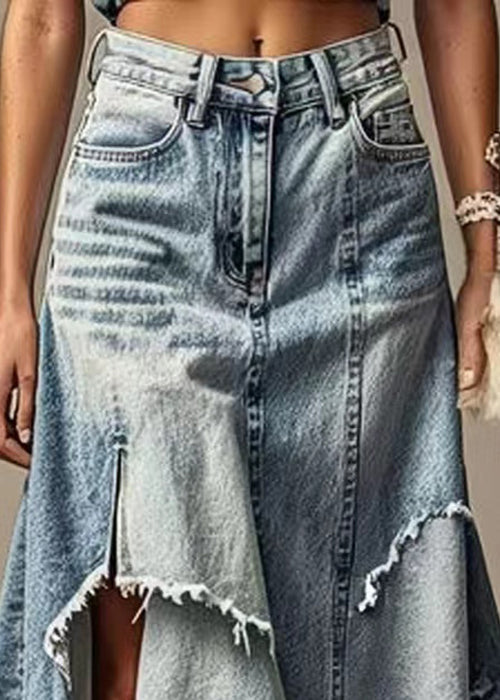 Modern Light Blue Asymmetrical Pockets High Waist Denim Skirt Summer