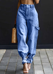 Modern Light Blue Elastic Waist Oversized Denim Pants Summer