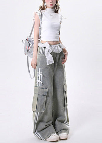 Modern Light Blue Elastic Waist Pockets Denim Pants Spring