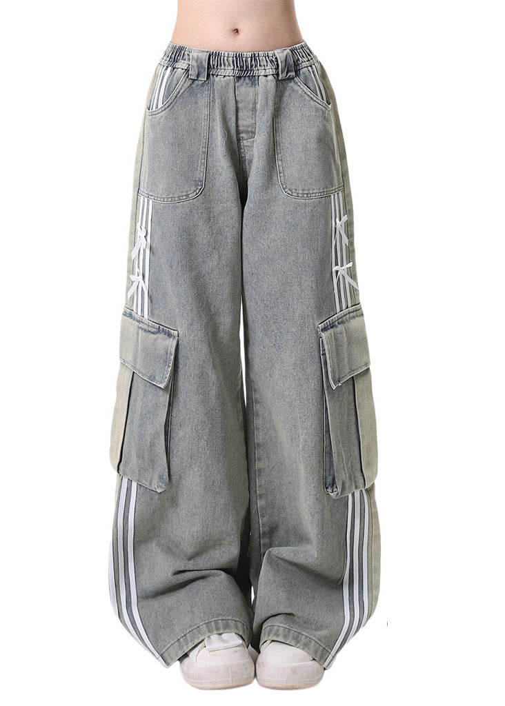 Modern Light Blue Elastic Waist Pockets Denim Pants Spring