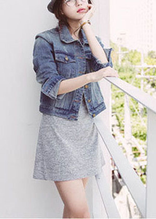 Modern Light Blue Peter Pan Collar Pockets Cotton Denim Coats Spring