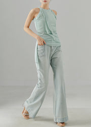 Modern Light Blue Pockets Denim Flared Trousers Pants Spring