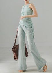 Modern Light Blue Pockets Denim Flared Trousers Pants Spring