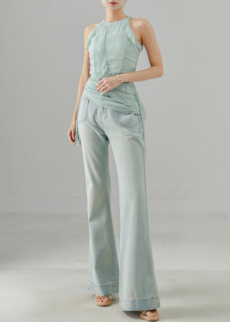 Modern Light Blue Pockets Denim Flared Trousers Pants Spring