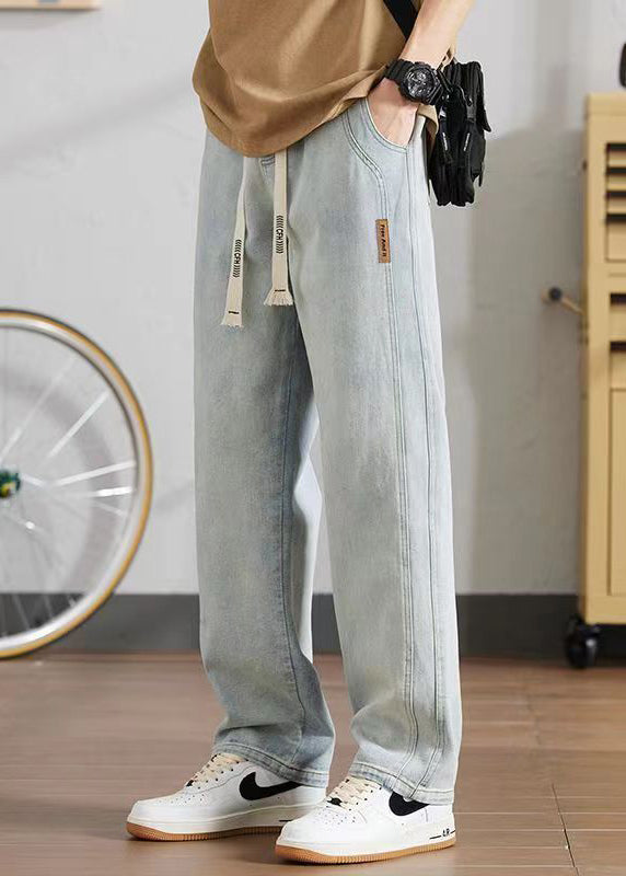 Modern Light Blue Pockets Elastic Waist Denim Mens Pants Summer