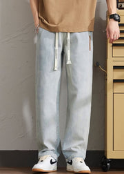 Modern Light Blue Pockets Elastic Waist Denim Mens Pants Summer