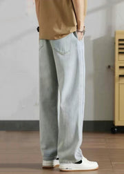 Modern Light Blue Pockets Elastic Waist Denim Mens Pants Summer