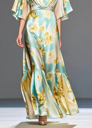 Modern Light Blue Print Silk Long Dresses Cinched Summer