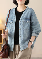 Modern Light Blue V Neck Oversized Cotton Denim Coats Spring