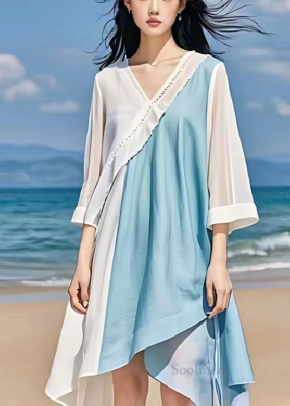 Modern Light Blue V Neck Patchwork Linen A Line Dress Summer