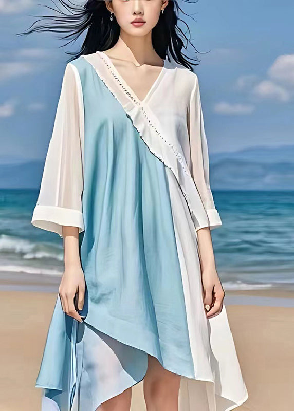 Modern Light Blue V Neck Patchwork Linen A Line Dress Summer