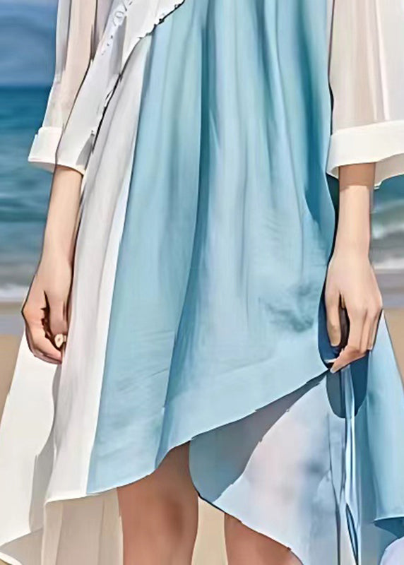 Modern Light Blue V Neck Patchwork Linen A Line Dress Summer