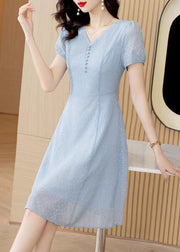 Modern Light Blue V Neck Tulle Mid Dress Short Sleeve