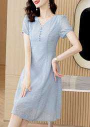 Modern Light Blue V Neck Tulle Mid Dress Short Sleeve